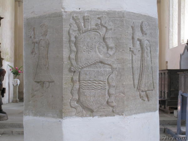 Reliefs on Kaarma church nave pillar