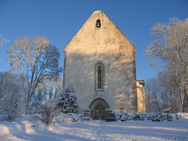 Karja church facade in winter